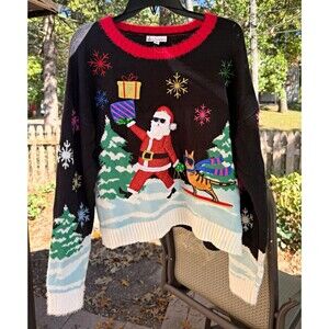 Jolly Sweaters Black Knit Pullover Sweater L Crew Neck Embroidered Santa nwot